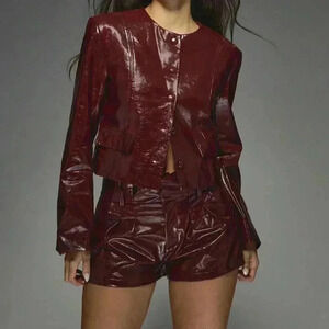 Burgundy Casual Women's Faux Leather Buttoned Round Neck Long Sleeves Jacket